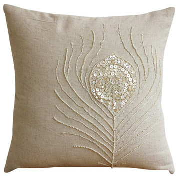 Pearly Peacock Feather, Beige Cotton Linen 26"x26" Euro Shams
