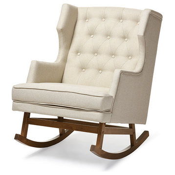 Iona Retro Fabric Upholstered Button-Tufted Wingback Rocking Chair, Light Beige