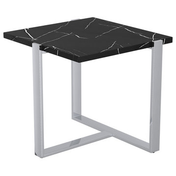 Contemporary Granite and Paper Veneer and Metal Accent Table, Black and Silver