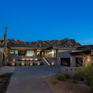 Modern inredning av ett stort grått hus, med allt i ett plan och platt tak