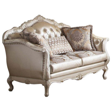 Chantelle Loveseat With 3 Pillows, Rose Gold PU/Fabric and Pearl White