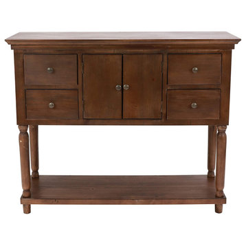 Elegant Console Table, Rounded Carved Legs With Center Cabinet and Drawers, Brow