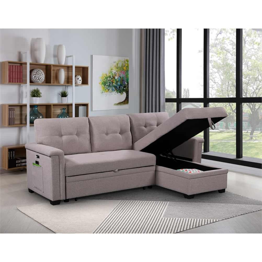 Pemberly Row Gray Fabric Reversible Sleeper Sofa USB Charger Storage ...