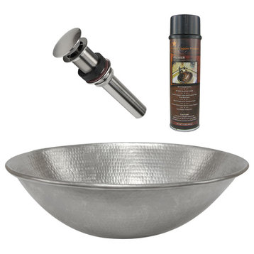 17" Oval Wired Rim Vessel Hammered Copper Sink, Nickel, Drain & Accessories