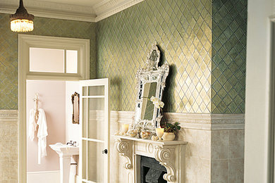Design ideas for a traditional bathroom in Miami with glass tile.