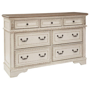 French Country Dresser, 7 Storage Drawers With Carving Details, Chipped White