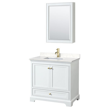Deborah 36" White Single Vanity, Carrara Marble Top, Gold Trim, Medicine Cabinet