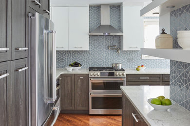 シカゴにあるコンテンポラリースタイルのおしゃれなキッチン (シングルシンク、フラットパネル扉のキャビネット、クオーツストーンカウンター、青いキッチンパネル、セラミックタイルのキッチンパネル、シルバーの調理設備、無垢フローリング、白いキッチンカウンター) の写真