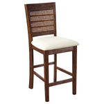 OSP Home Furnishings - Walden 24" Cane Back Counter Stool With Burnt Brown Base and Linen Fabric Seat - The classic style of the Walden 24" Cane Back Counter stool will provide premium comfort and give lasting beauty to every home. Our counter stools with solid wood legs and dramatic cane back, will be at home around any kitchen island or counter peninsula.  Available in warm, natural color finishes that will pair seamlessly with traditional, contemporary, cottage or rustic farm-style decor. High performance 100% Polyester padded seat, and woodblock construction ensures long-lasting durability and convenient 2-Pack makes this a great value. Relax with the joy of simple assembly.