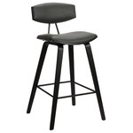 Armen Living - Fox 28.5" Mid-Century Bar Height Barstool, Gray Faux Leather - The Armen Living Fox mid-century barstool is a sophisticated and functional contemporary piece certain to enhance the aesthetic of the modern home. The Fox’s frame and legs are made of a durable Black Brushed plywood while the back and seat are upholstered in Grey faux leather. The modern barstool includes a metal footrest that allows for added comfort and style. This piece provides both style and function with eye-catching contoured back that can easily be integrated into your homes existing décor. The plush and thick cushion padded seat with high density foam will provide you with all day comfort. The curved wood medium high back with padded support is ideal for posture alignment and an unmatched support for days on end. The foundation of the product is supported by wood and steel footrest for a chic and stylish aesthetic without comprising practicality and functionality of this item. This product ships in one box with easy and quick set up. We stand by the quality, the craftsmanship and the integrity of our product by offer 1-year warranty for all our products. We want our customers enjoy our product and we will always be there to help with our top-notch customer service support. Excellent choice for a Modern, Mid- Century and even Contemporary dining and Kitchen setting. Available in 25.5" counter Height and 28.5" bar Height options. Also available in your choice of Brown, Cream, or Grey faux leather with Walnut wood finish or Black, Grey faux leather with Black brushed wood finish.