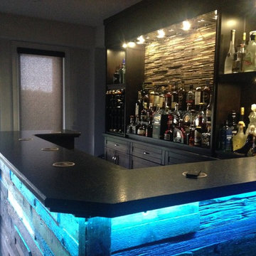 Barn board bar with granite server and bar top