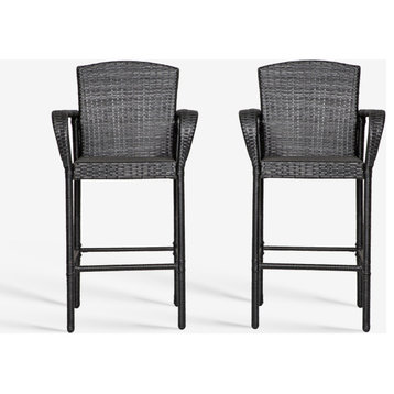 WestinTrends 47" 2PC All Weather Outdoor Patio Wicker Barstool Arm Chairs, Black