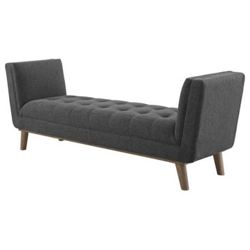 Mid Century Modern Accent Bench, Deep Tufted Seat With Flared Arms, Gray