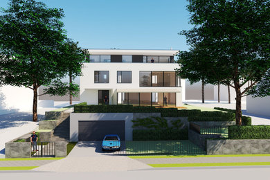 Vierstöckiges Modernes Haus mit weißer Fassadenfarbe und Flachdach in Berlin