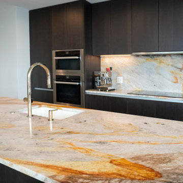 Ibiza Quartzite Kitchen with Waterfall Island, Countertop & Backsplash