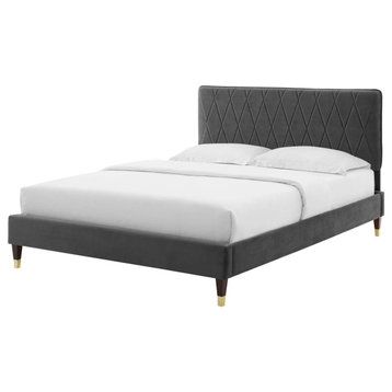 Platform Bed Frame, Queen Size, Velvet, Dark Gray, Modern Contemporary