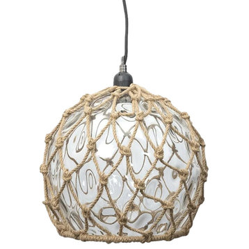 Fishing Float Pendant Light Chandelier 12 in Round Ball Rope Coastal Rustic, Clear