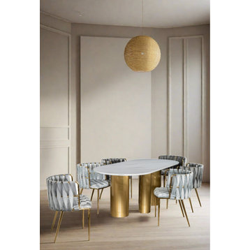 Balmain White Stone Top Oval Dining Table Set for 6, Gray and Gold