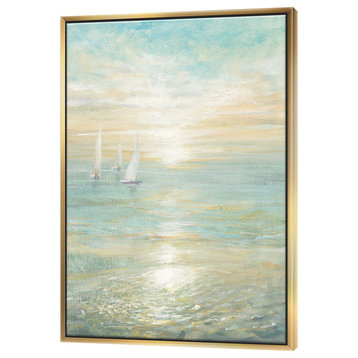Designart Sunrise Boat I Nautical Coastal Framed Artwork, Gold, 30x40