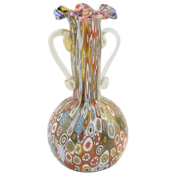 GlassOfVenice Murano Glass Golden Quilt Millefiori Vase With Handles