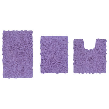 Bell Flower Collection Bath Rug, 3-Piece Set With Contour, Purple