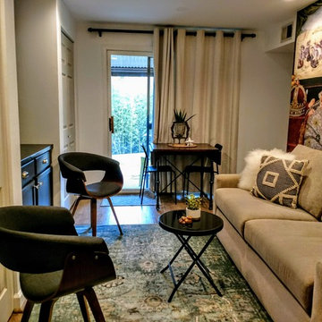 Basement living room with kitchenette