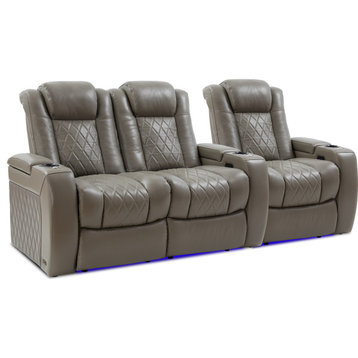 Tuscany Leather Home Theater Seating, Modern Gray, Row of 3 Loveseat Left