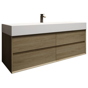 MAX 60" Single Floating Bath Vanity With Acrylic Sink, Coffee Wood