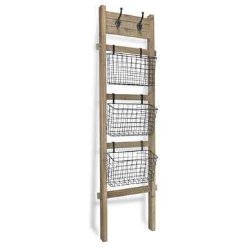 Wooden 4-Step Symmetrical Ladder, 3 Metal Hanging Baskets, Dual Top Metal Hooks