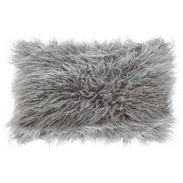 Mongolian Faux Fur Poly Filled Throw Pillow, Fog, 12"x20"