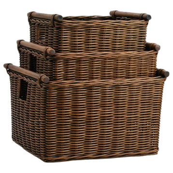 Deep Pole Handle Wicker Storage Basket, Antique Walnut Brown, Large
