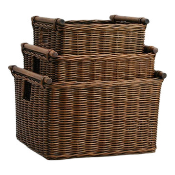 Deep Pole Handle Wicker Storage Basket, Antique Walnut Brown, Large