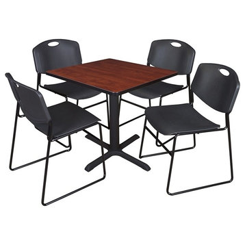 Cain 30" Square Breakroom Table, Cherry and 4 Zeng Stack Chairs, Black