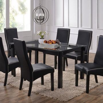 7 Piece Cappuccino Wood & Glass Kitchen Dinette Dining Table & 6 Black Upholster