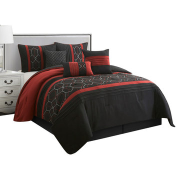 Earline 7-Piece Bedding Comforter Set, Black/Red, King