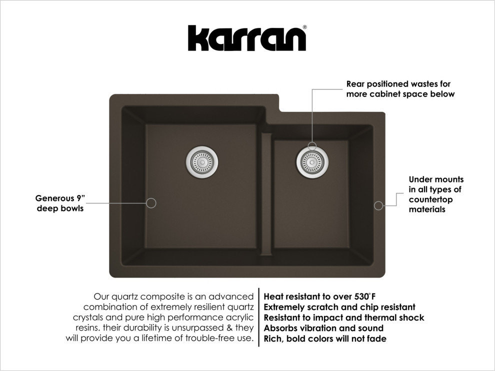 Karran 32" Undermount Large/Small Bowl Quartz Kitchen Sink, Brown