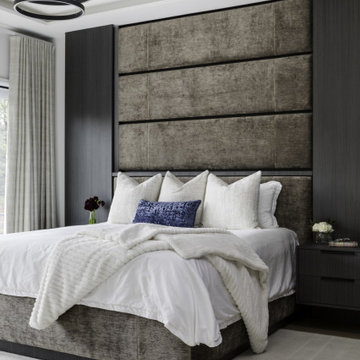 Custom-built wall channeled headboard by Lousso Designs, located in Weston, MA