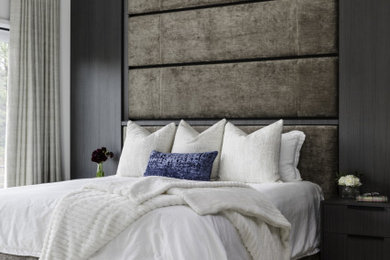 Custom-built wall channeled headboard by Lousso Designs, located in Weston, MA