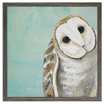 "Sweet Barn Owl, Sky Blue" Mini Framed Canvas by Karin Grow