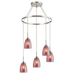 Woodbridge Lighting - Woodbridge Lighting Venezia 5-Light Pendant Chandelier, Satin Nickel, Round, 24"d, Mosaic Red - The Venezia collection is a series of hanging lights featuring uniquely colored designer glass. With many color options to choose from, this transitional design can blend in many rooms with different colors and themes.   This pendant chandelier hangs 5 tulip shaped mosaic glasses spread around a large metal ring to create a carousel for a contemporary touch.