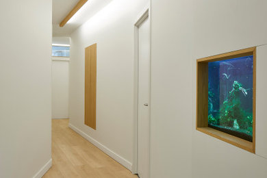 Ejemplo de recibidores y pasillos escandinavos de tamaño medio con paredes blancas, suelo de madera en tonos medios, suelo marrón, madera y iluminación