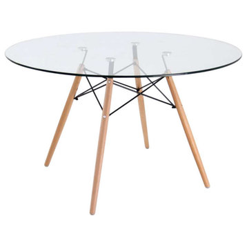 LeisureMod Dover Round Top Dinin Table, Natural Wood Eiffel Base, Clear Glass