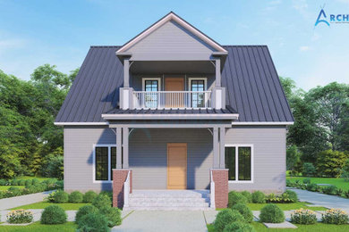 Mid-sized arts and crafts white two-story mixed siding and board and batten house exterior photo in Wilmington with a hip roof, a metal roof and a gray roof