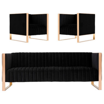 Trillium Sofa and Armchair Set of 3, Black and Rose Gold