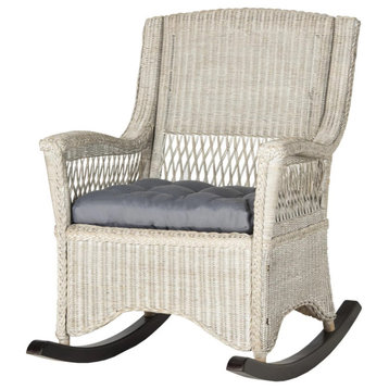 Traditional Rocking Chair, Rattan Frame With Diamond Weave Panels, Antique Gray