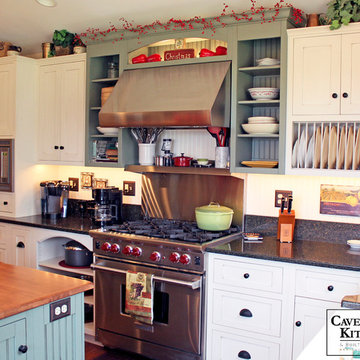 White & Green Hybrid Farmhouse Kitchen with Green Island