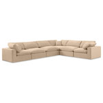 Meridian Furniture - Comfy Upholstered L-Shaped Modular Sectional, Beige, 6-Piece: 3 Armless Chair, 3 Corner Chair, Velvet - Give your space a whole new look with this beige Comfy velvet sectional. This handsome sectional fits nicely with other items in the Comfy collection and is a versatile seating option designed for adaptability, comfort and style. Wrapped in rich beige durable velvet upholstery, this sectional offers a plush embrace of overstuffed down feather cushions, carefully crafted to deliver the highest level of comfort. The perfect seat for creating an oasis for relaxation, this sectional has thick foam surrounding its frame for added support and coziness.