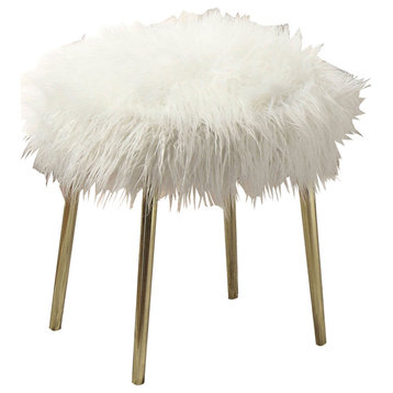 Faux Fur Upholstered Contemporary Metal Ottoman, White And Gold
