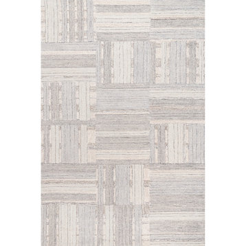 Arvin Olano x RugsUSA Deco Striped Tile Wool Area Rug, Light Gray 8' x 10'