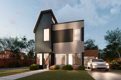 Small modern multicolored two-story concrete fiberboard exterior home idea in Austin with a metal roof
